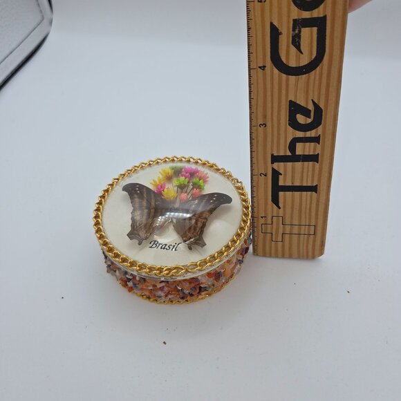 Decorative Round Beveled Trinket Box Butterfly Flowers Design From Brasil - Picture 5 of 5